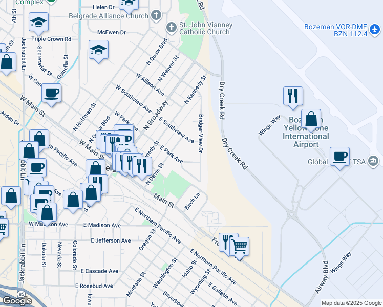 map of restaurants, bars, coffee shops, grocery stores, and more near 215 Bridger View Drive in Belgrade