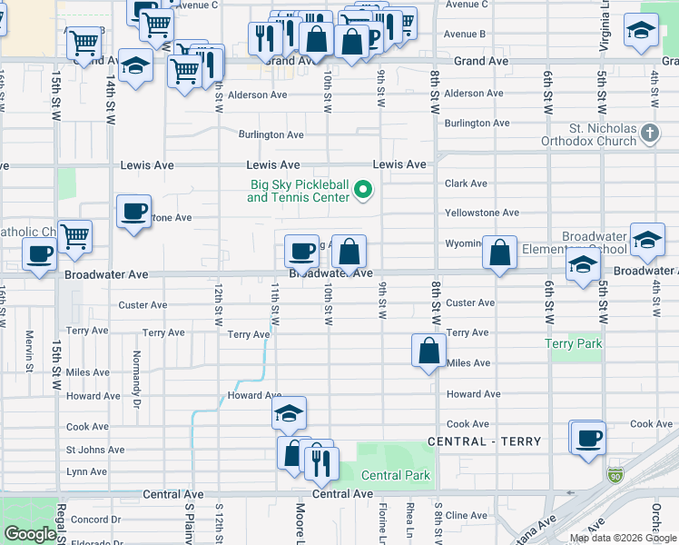 map of restaurants, bars, coffee shops, grocery stores, and more near 928 Broadwater Avenue in Billings