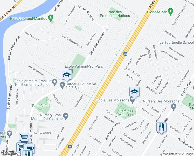 map of restaurants, bars, coffee shops, grocery stores, and more near 1211 Rue des Montérégiennes in Repentigny