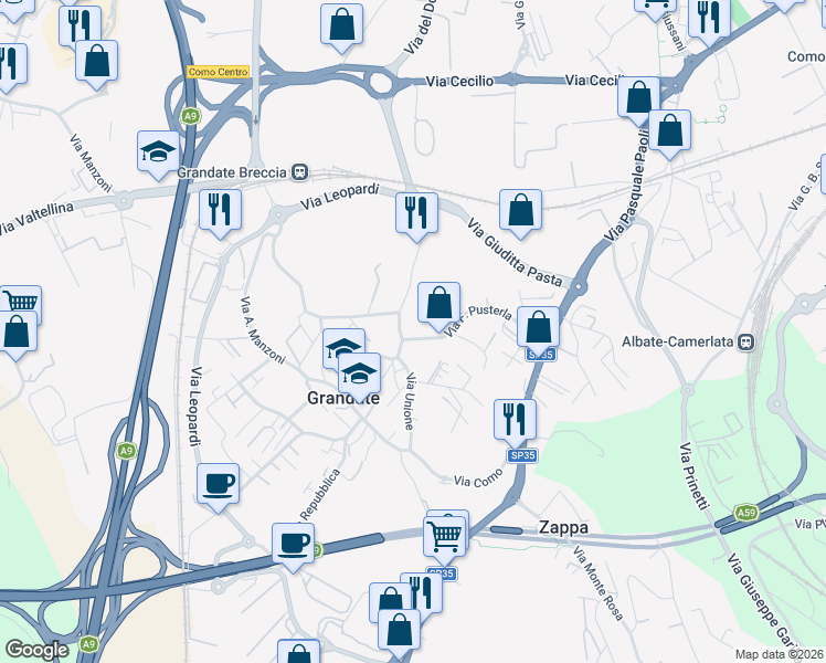 map of restaurants, bars, coffee shops, grocery stores, and more near 51 Via Pusterla in Grandate