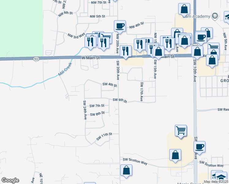 map of restaurants, bars, coffee shops, grocery stores, and more near 2101 Southwest 5th Street in Battle Ground