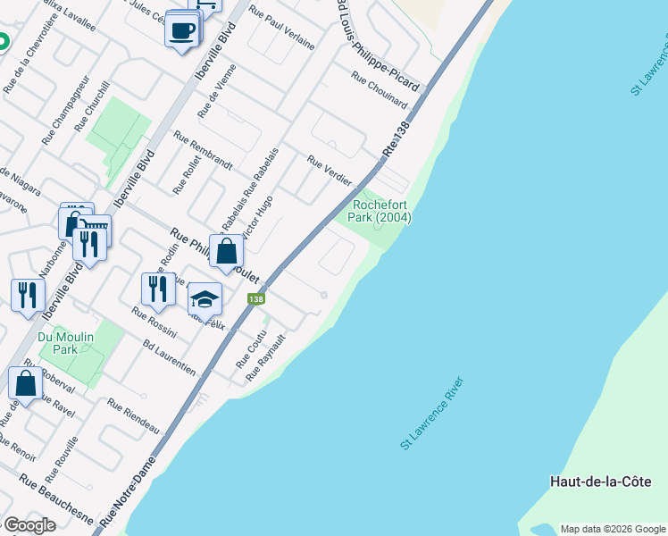 map of restaurants, bars, coffee shops, grocery stores, and more near 48 Rue Rochefort in Repentigny