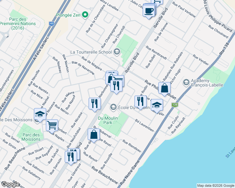 map of restaurants, bars, coffee shops, grocery stores, and more near 1124 Boulevard Iberville in Repentigny