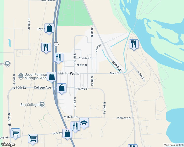 map of restaurants, bars, coffee shops, grocery stores, and more near 6300 South 5th Street in Wells