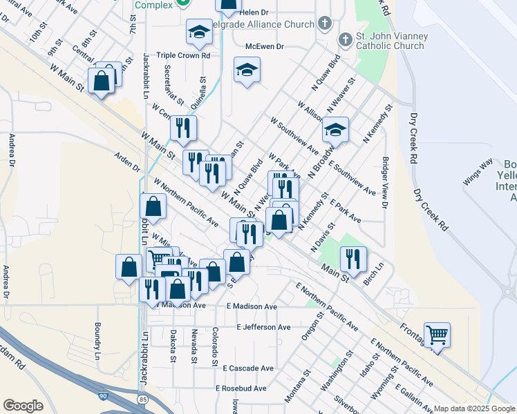 map of restaurants, bars, coffee shops, grocery stores, and more near 101 West Main Street in Belgrade