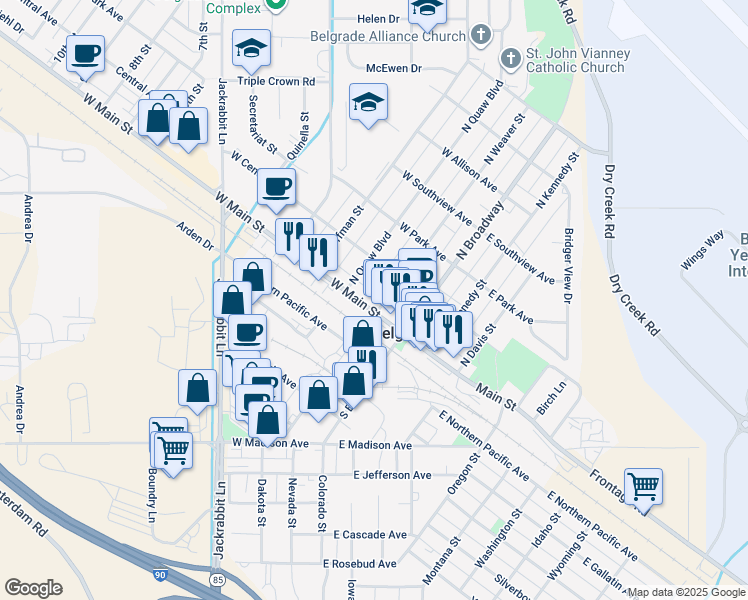 map of restaurants, bars, coffee shops, grocery stores, and more near 101 West Main Street in Belgrade