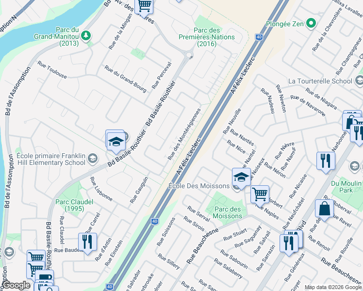 map of restaurants, bars, coffee shops, grocery stores, and more near 1218 B Rue des Montérégiennes in Repentigny