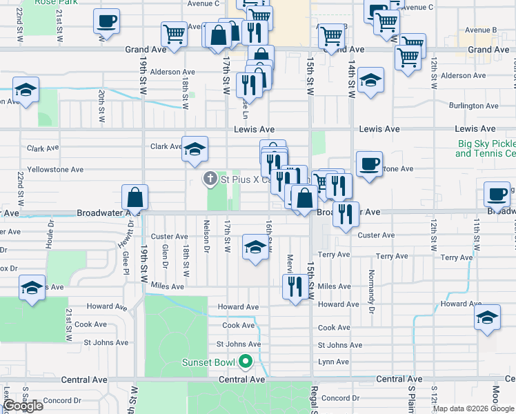 map of restaurants, bars, coffee shops, grocery stores, and more near 1603 Broadwater Ave in Billings