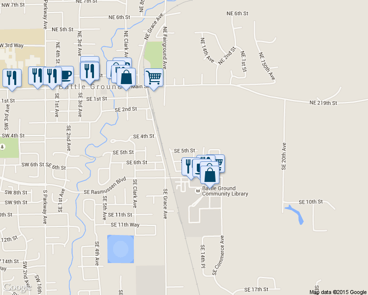 map of restaurants, bars, coffee shops, grocery stores, and more near 1120 Southeast 5th Street in Battle Ground