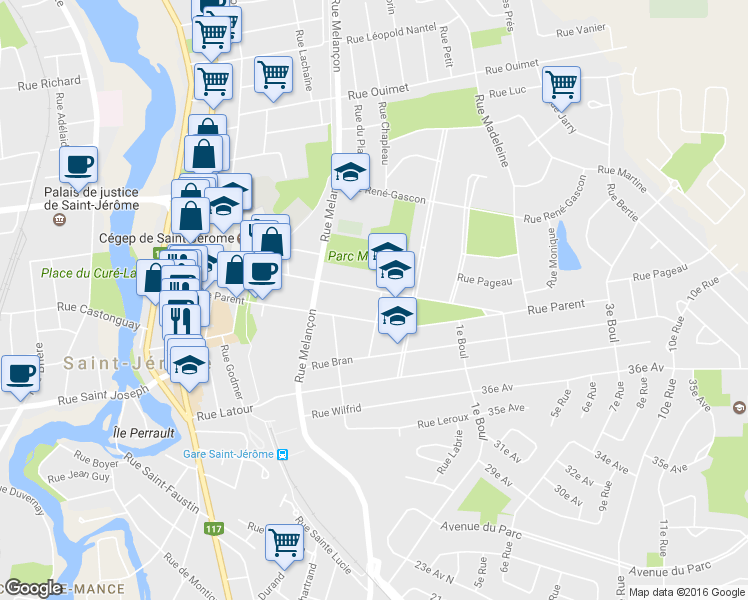 map of restaurants, bars, coffee shops, grocery stores, and more near 432 Rue Léonard in Saint-Jérôme