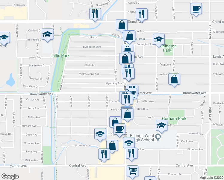 map of restaurants, bars, coffee shops, grocery stores, and more near 2507 Broadwater Avenue in Billings