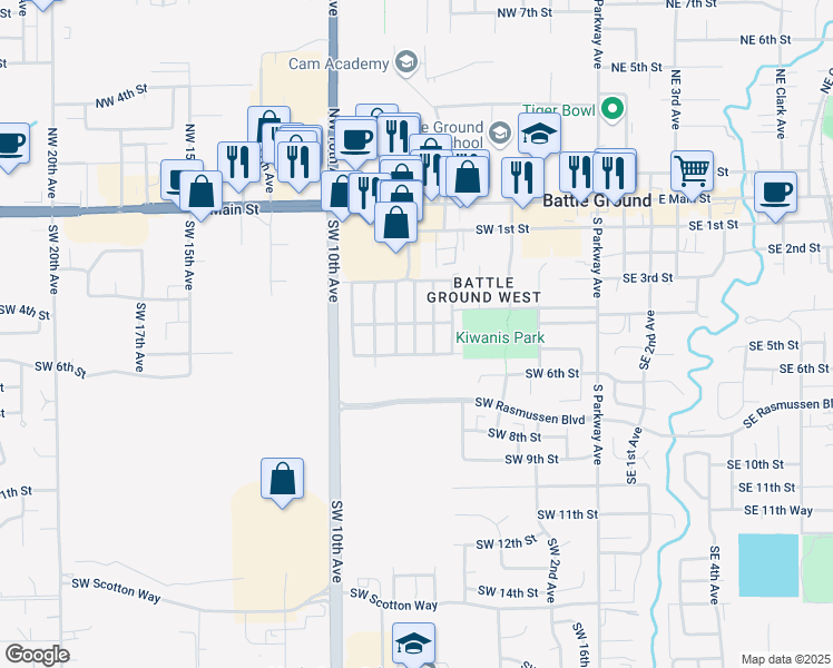 map of restaurants, bars, coffee shops, grocery stores, and more near 300 Southwest 7th Avenue in Battle Ground