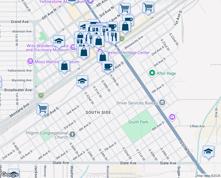 map of restaurants, bars, coffee shops, grocery stores, and more near 213 South 30th Street in Billings