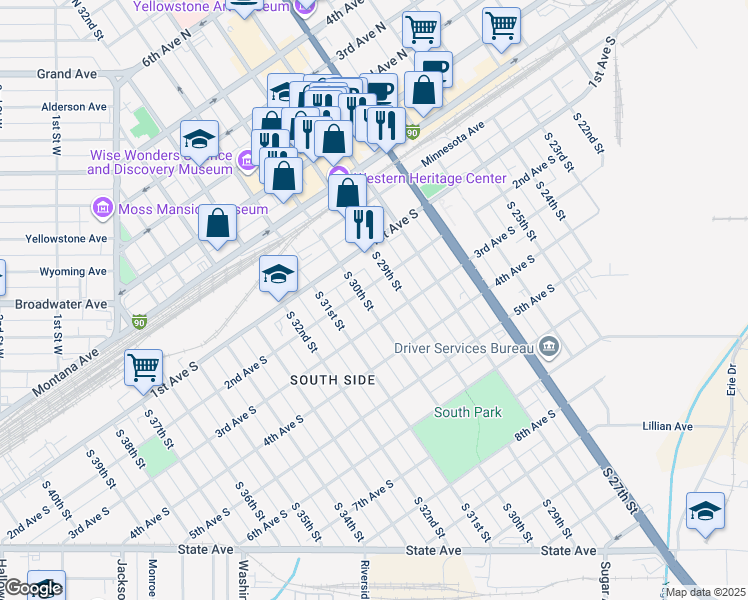 map of restaurants, bars, coffee shops, grocery stores, and more near 209 South 30th Street in Billings
