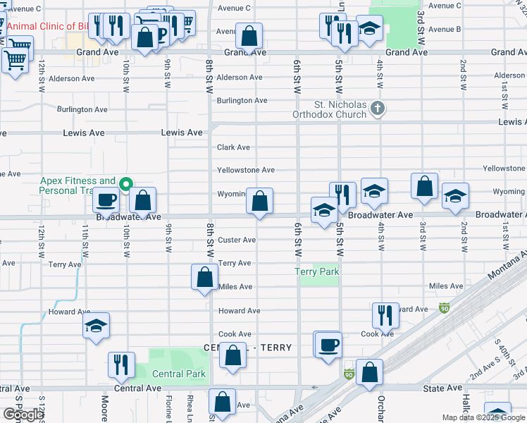map of restaurants, bars, coffee shops, grocery stores, and more near 641 Broadwater Avenue in Billings
