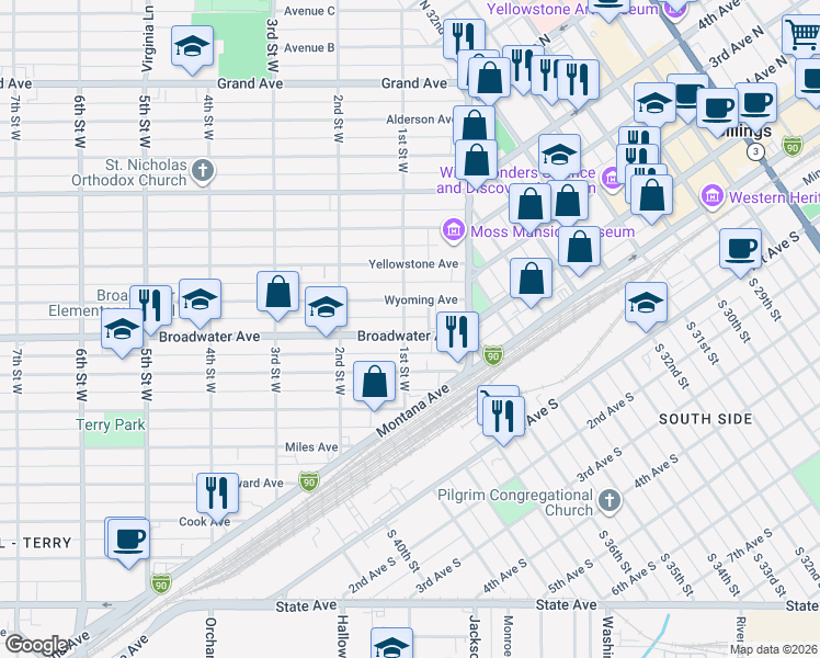 map of restaurants, bars, coffee shops, grocery stores, and more near 43 Broadwater Avenue in Billings
