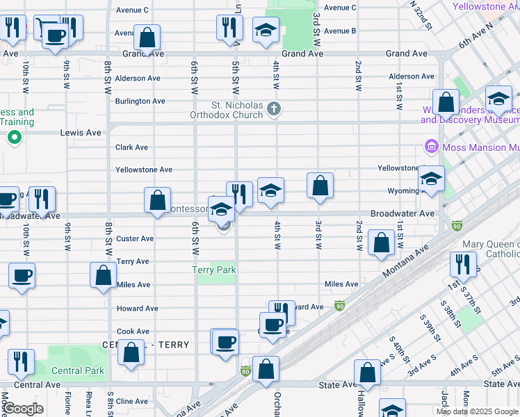 map of restaurants, bars, coffee shops, grocery stores, and more near 415 Broadwater Avenue in Billings