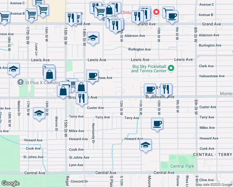 map of restaurants, bars, coffee shops, grocery stores, and more near 1211 Broadwater Avenue in Billings