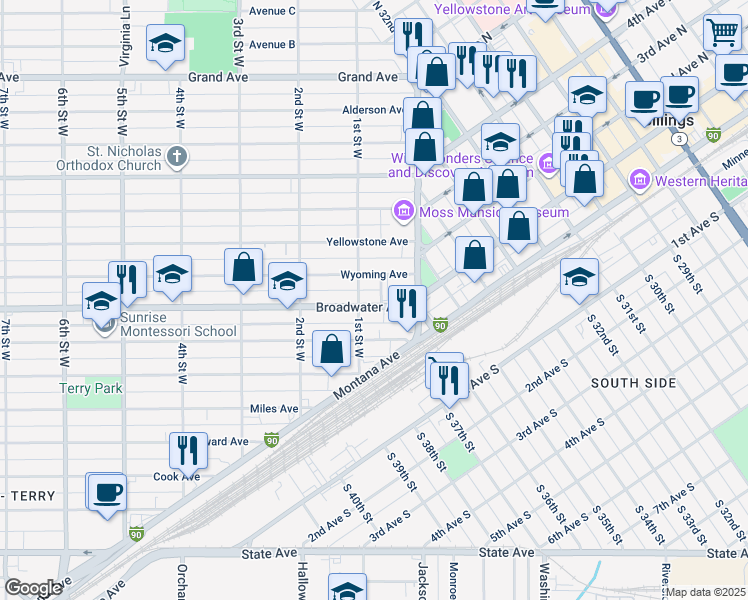 map of restaurants, bars, coffee shops, grocery stores, and more near 42 Broadwater Avenue in Billings