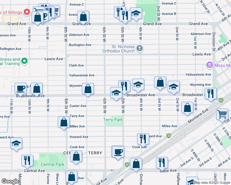 map of restaurants, bars, coffee shops, grocery stores, and more near 530 Broadwater Avenue in Billings
