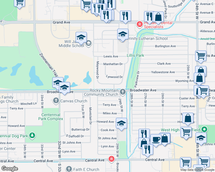 map of restaurants, bars, coffee shops, grocery stores, and more near 2917 Custer Avenue in Billings