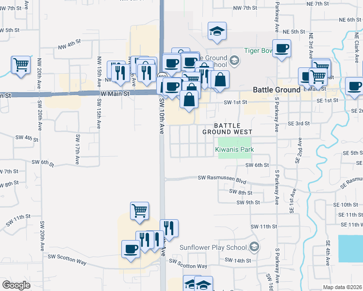 map of restaurants, bars, coffee shops, grocery stores, and more near 300 Southwest 7th Avenue in Battle Ground