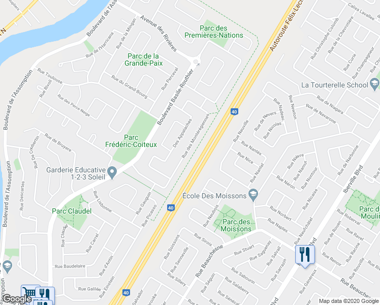 map of restaurants, bars, coffee shops, grocery stores, and more near 1226 C Rue des Montérégiennes in Repentigny