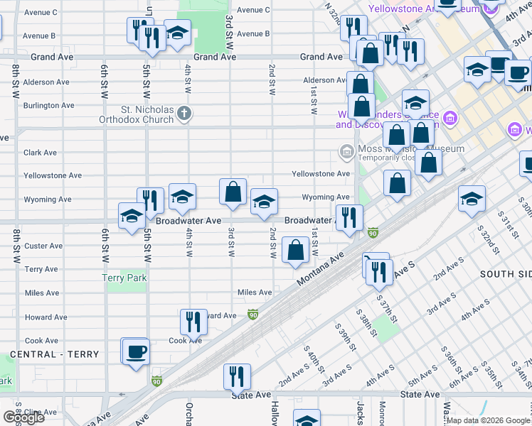 map of restaurants, bars, coffee shops, grocery stores, and more near 624 2nd Street West in Billings