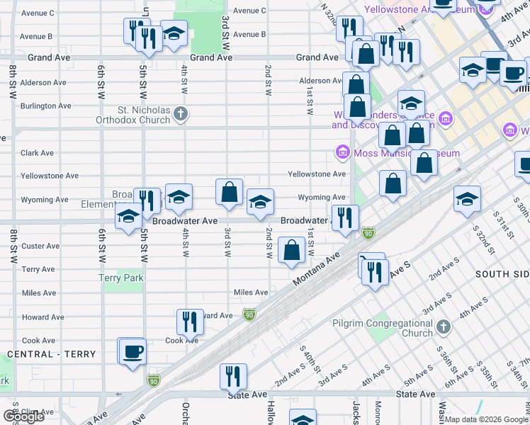 map of restaurants, bars, coffee shops, grocery stores, and more near 710 2nd Street West in Billings
