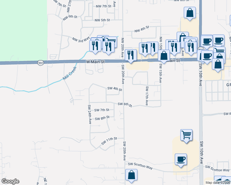 map of restaurants, bars, coffee shops, grocery stores, and more near 2102 Southwest 5th Street in Battle Ground