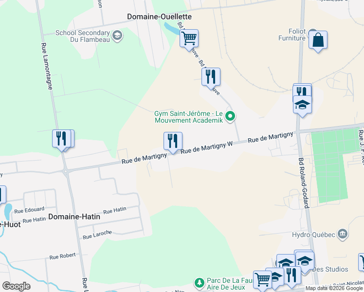 map of restaurants, bars, coffee shops, grocery stores, and more near 714 Rue de Martigny Ouest in Saint-Jérôme