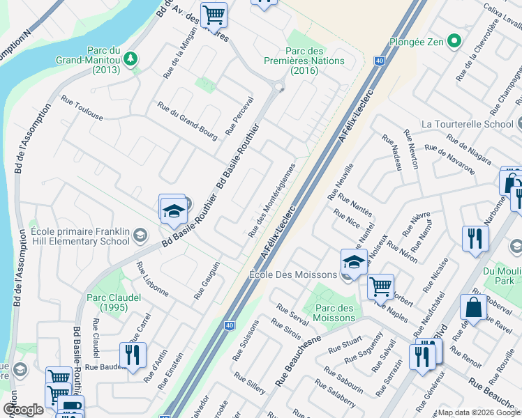 map of restaurants, bars, coffee shops, grocery stores, and more near 1223 C Rue des Montérégiennes in Repentigny