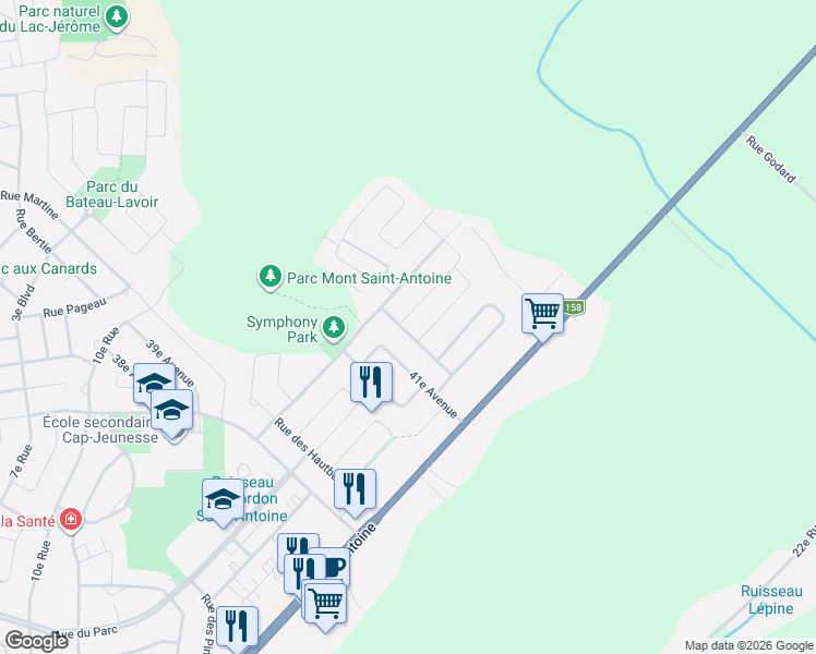 map of restaurants, bars, coffee shops, grocery stores, and more near 1833 Rue Raoul-Jobin in Saint-Jérôme