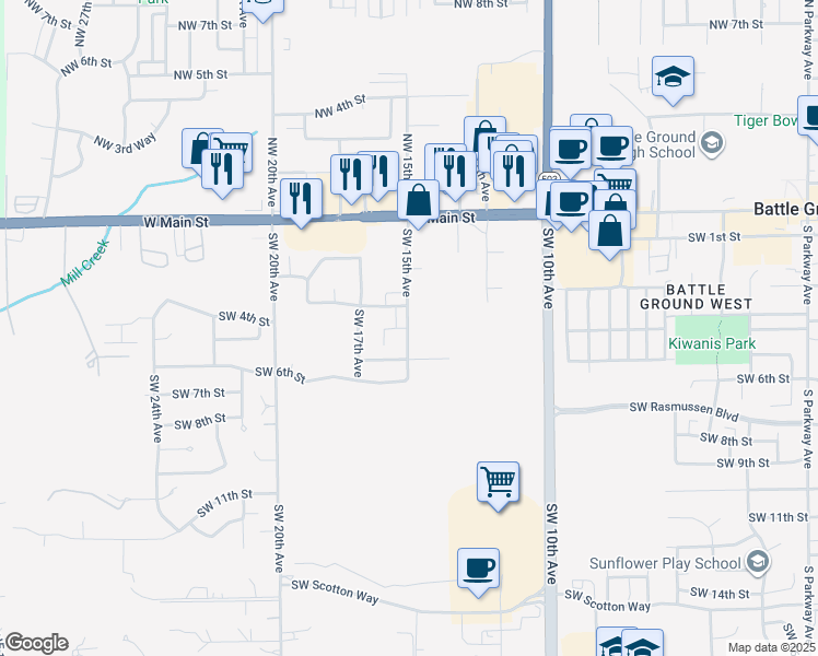 map of restaurants, bars, coffee shops, grocery stores, and more near 1506 Southwest 5th Street in Battle Ground