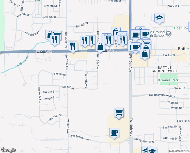 map of restaurants, bars, coffee shops, grocery stores, and more near 1506 Southwest 5th Street in Battle Ground