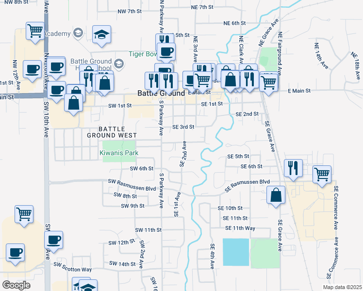 map of restaurants, bars, coffee shops, grocery stores, and more near 200 Southeast 5 Circle in Battle Ground