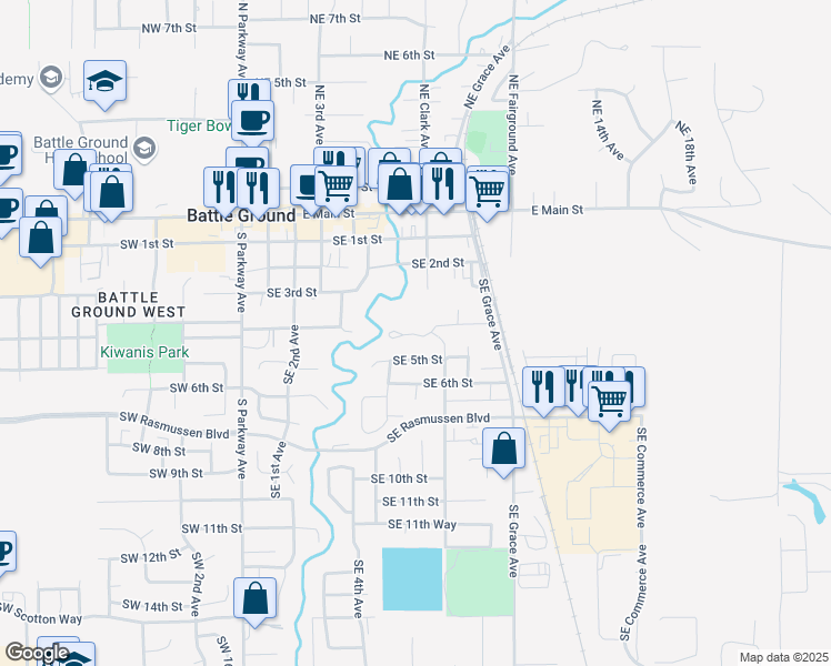 map of restaurants, bars, coffee shops, grocery stores, and more near 617 Southeast 4th Street in Battle Ground