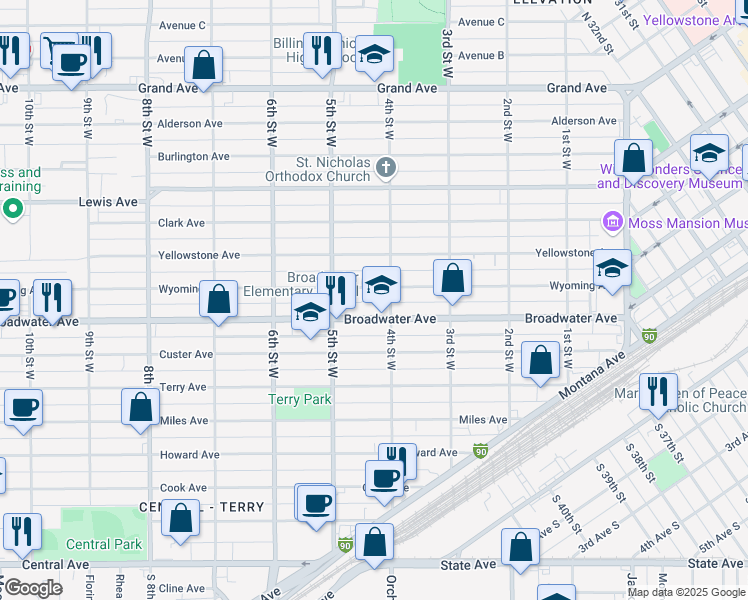 map of restaurants, bars, coffee shops, grocery stores, and more near 415 Broadwater Avenue in Billings