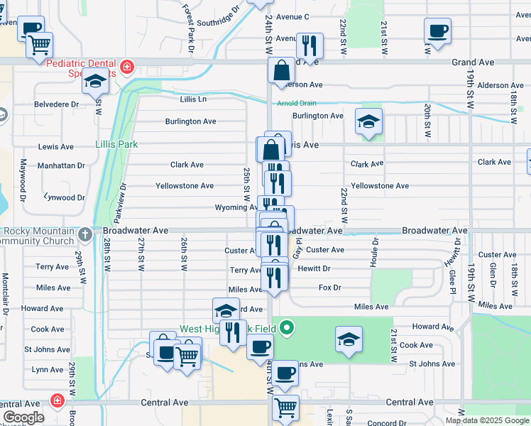 map of restaurants, bars, coffee shops, grocery stores, and more near 2320-2398 Broadwater Avenue in Billings