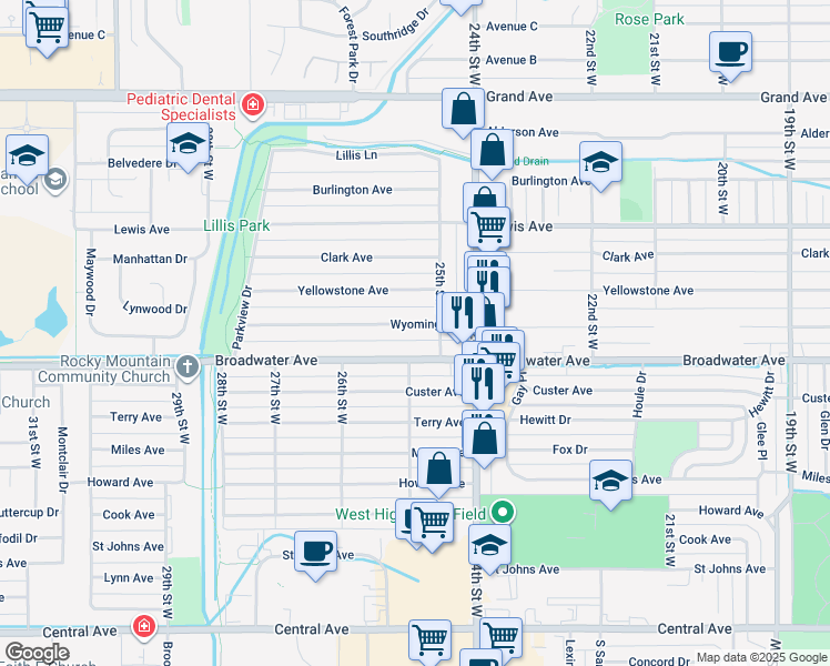 map of restaurants, bars, coffee shops, grocery stores, and more near 2516 Wyoming Avenue in Billings