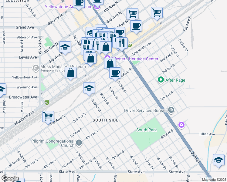 map of restaurants, bars, coffee shops, grocery stores, and more near 2920 1st Avenue North in Billings