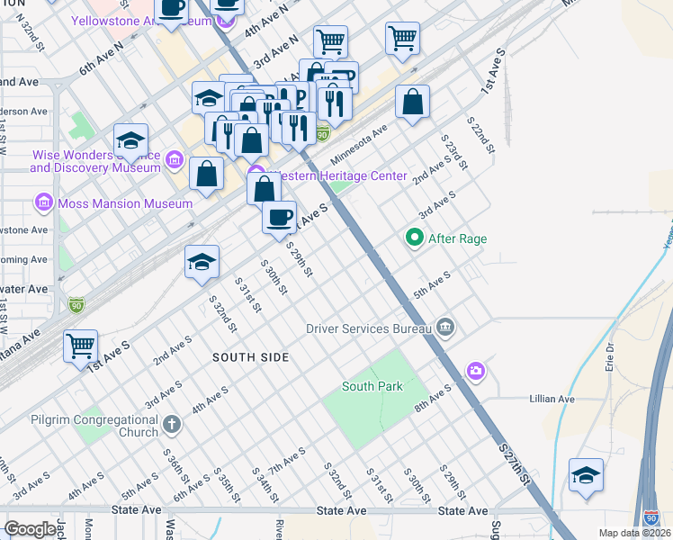 map of restaurants, bars, coffee shops, grocery stores, and more near 214 South 28th Street in Billings