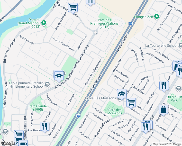 map of restaurants, bars, coffee shops, grocery stores, and more near 1231 Rue des Montérégiennes in Repentigny
