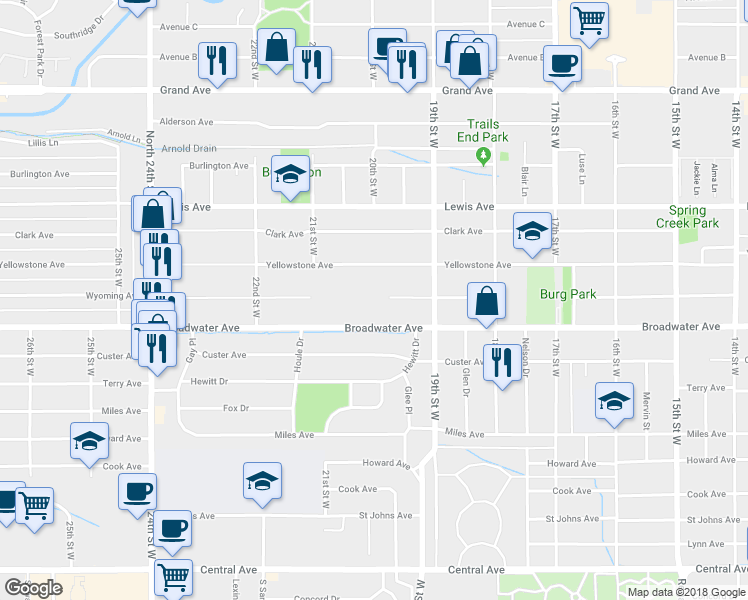 map of restaurants, bars, coffee shops, grocery stores, and more near 2019 Broadwater Avenue in Billings