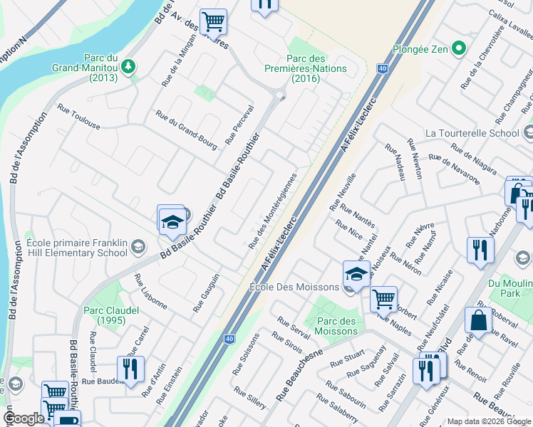 map of restaurants, bars, coffee shops, grocery stores, and more near 1231 Rue des Montérégiennes in Repentigny