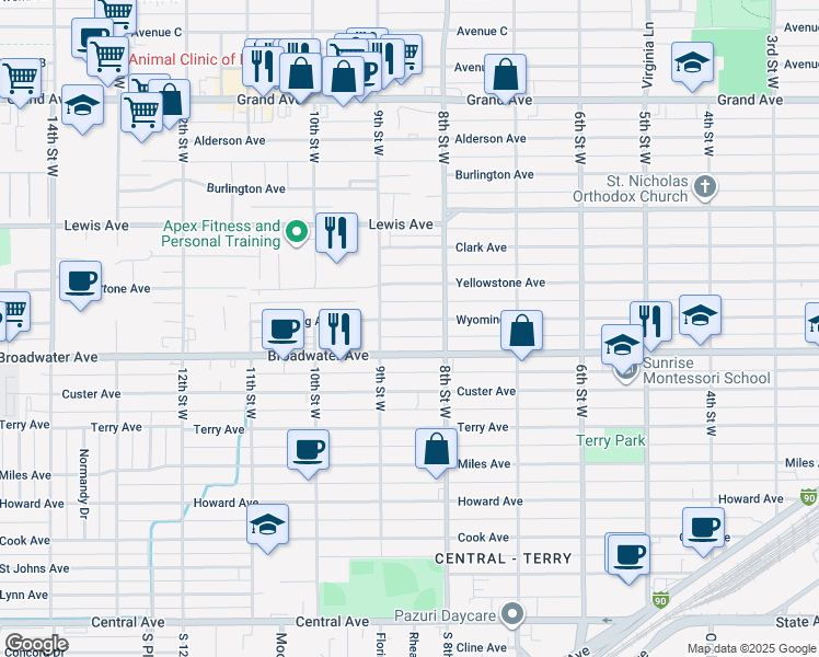 map of restaurants, bars, coffee shops, grocery stores, and more near 824 Wyoming Avenue in Billings