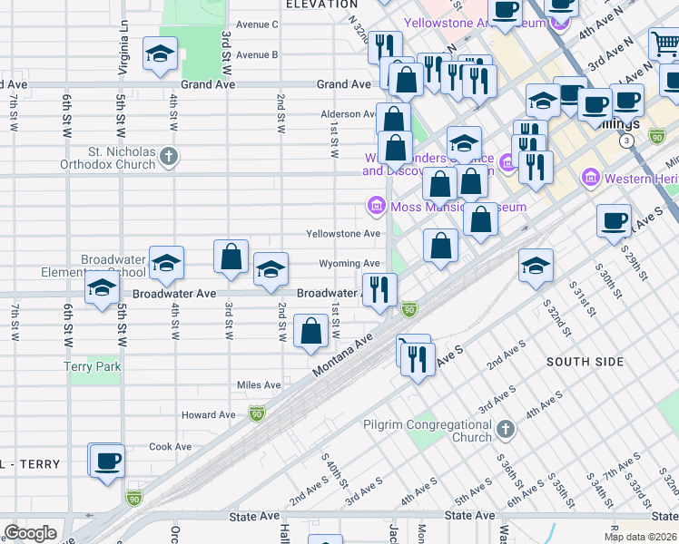 map of restaurants, bars, coffee shops, grocery stores, and more near 807 1st Street West in Billings