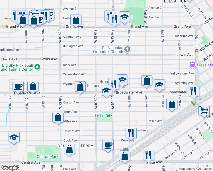 map of restaurants, bars, coffee shops, grocery stores, and more near 524 Yellowstone Avenue in Billings
