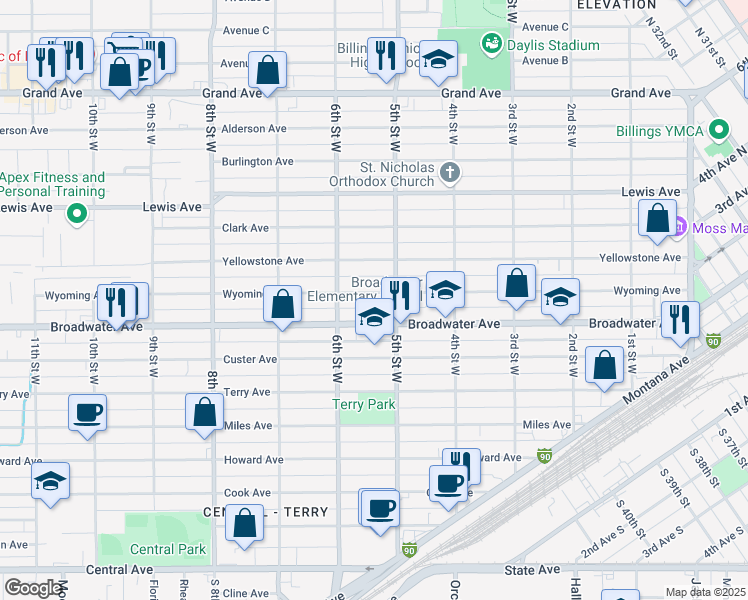 map of restaurants, bars, coffee shops, grocery stores, and more near 518 Wyoming Avenue in Billings