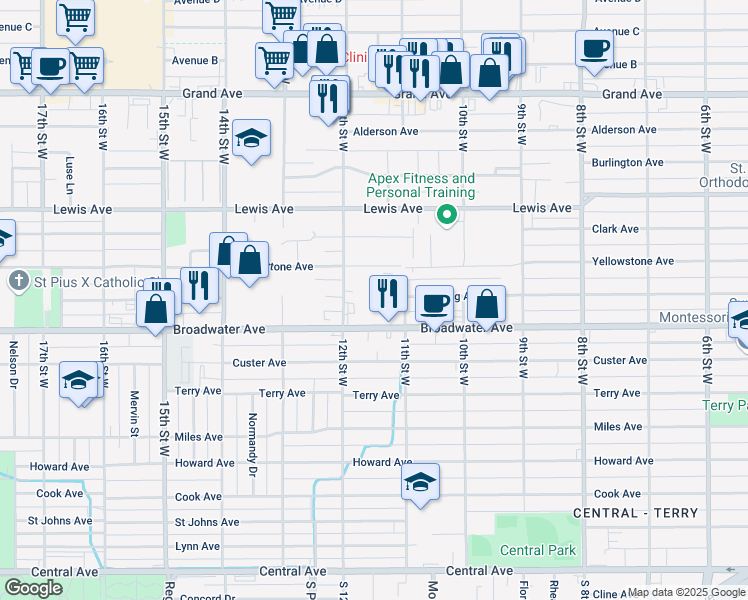 map of restaurants, bars, coffee shops, grocery stores, and more near 1121 Yellowstone Avenue in Billings